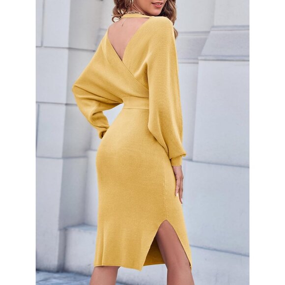 Women's Sweater Dress Wrap Batwing V Neck Slit Bodycon Dress with Belt Yellow - Picture 4 of 7